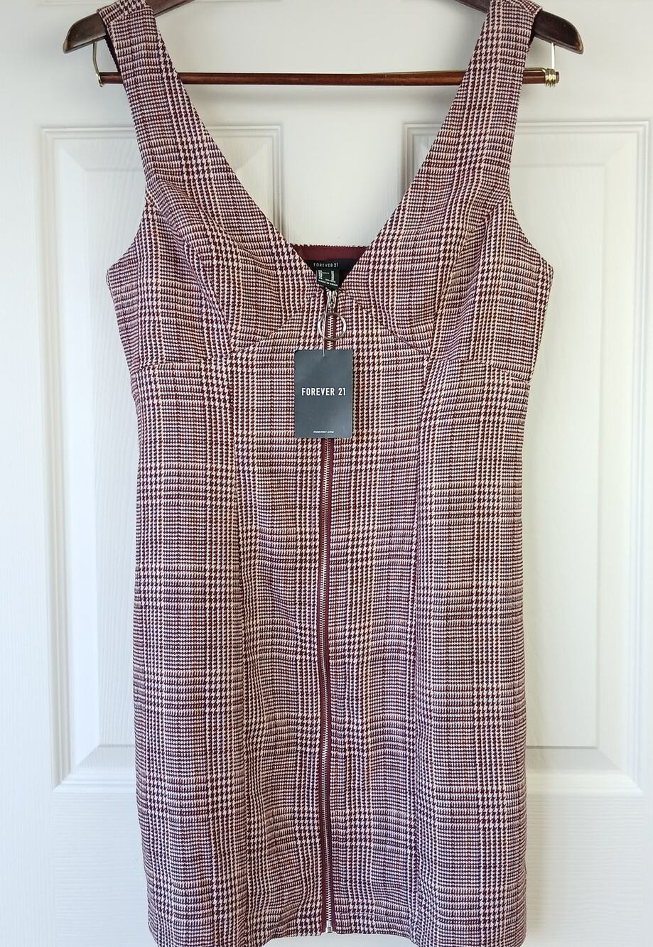 Forever 21 zip-up jumper bodycon dress M woven burgundy cream houndstooth tweed